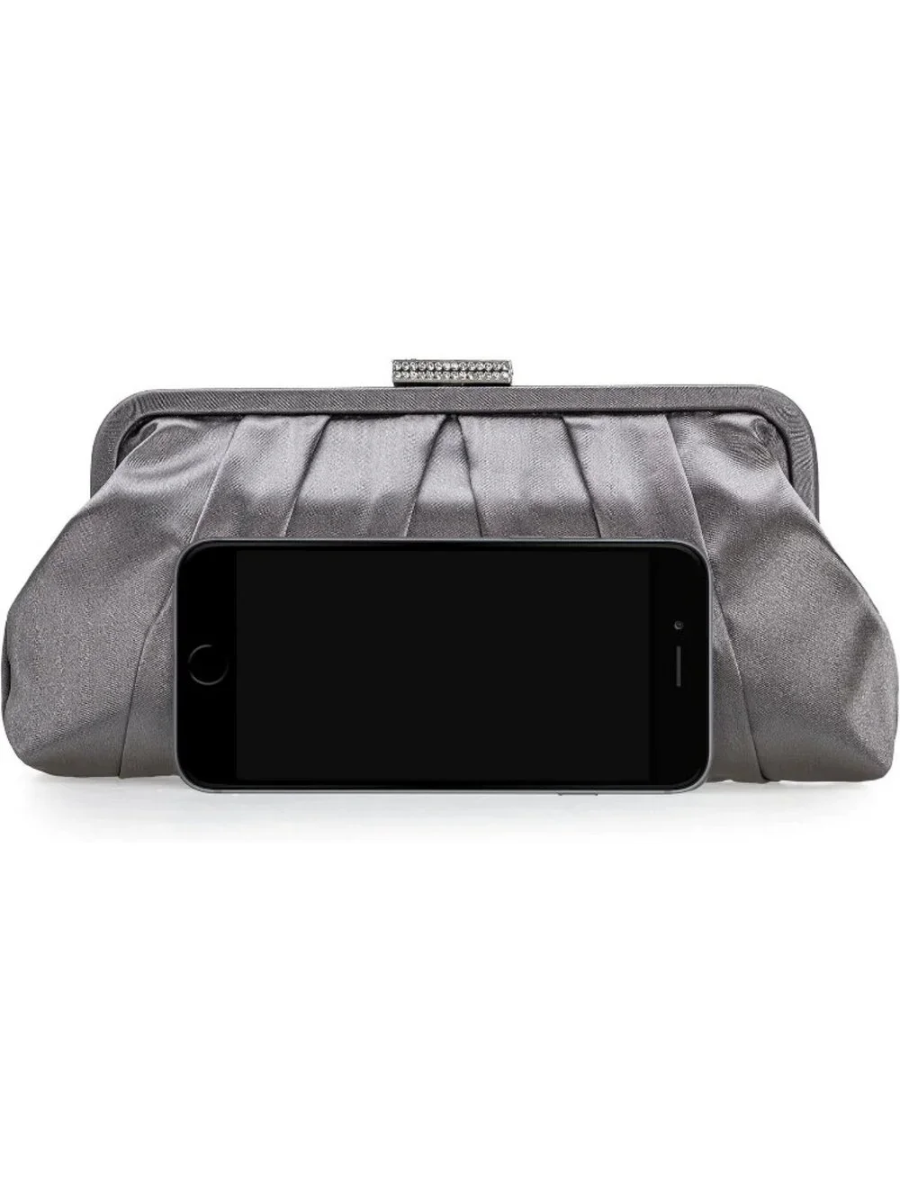 Women's Pewter Classic Pleated Satin Clutch Purse Diamante Formal Evening Bag